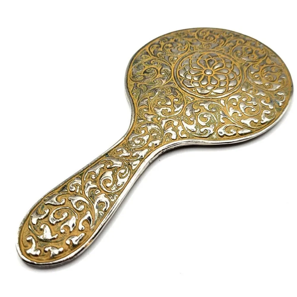 Antique Ornate Silver Plated Hand Mirror Vanity 5.5in